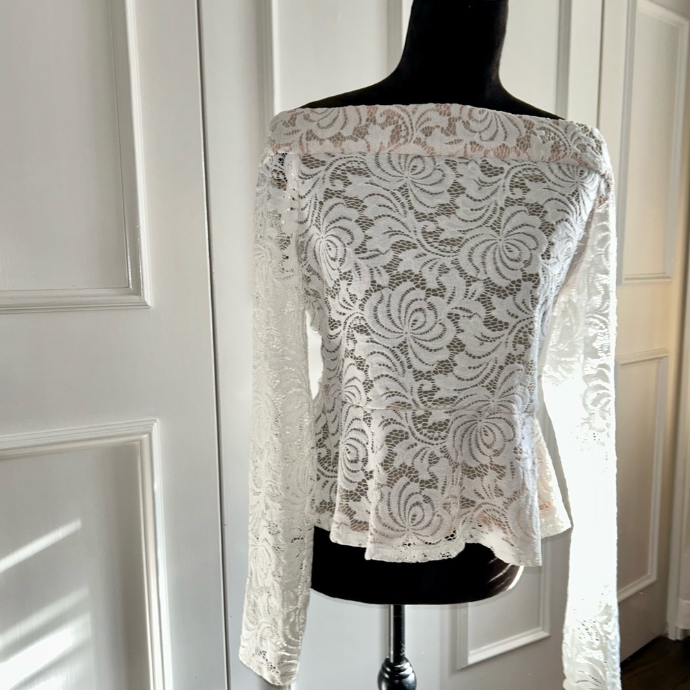 BCBGMaxAzria White Lace Peplum Blouse